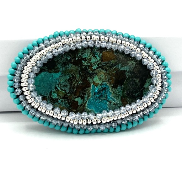 Hand Crafted Jewelry - ❗️SOLD❗️Turquoise Brooch with Beaded Bezel